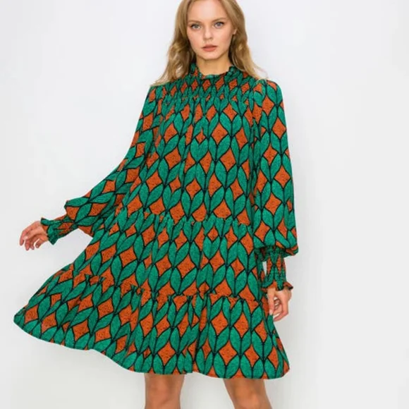Melloday MOCK NECK LONG SLEEVE TIERED DRESS IN GREEN/ RUST sz xs  weekender,date,